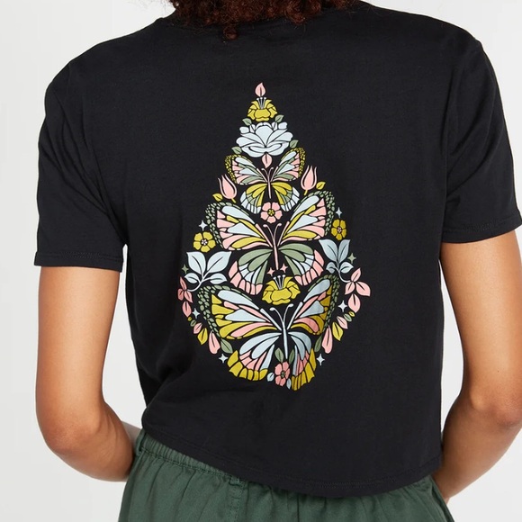 •VOLCOM•BLACK FLORAL DIAMOND CROP TEE "TRUE TO THIS" SIZE SMALL EUC - Picture 4 of 10